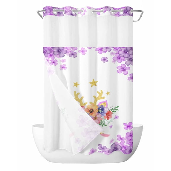 No Hook Cloth Fabric Shower Curtain with Snap in Liner, Purple Pink Floral Waterproof Shower Curtains Set with See Through Top Window, Farmhouse Antlers Flowers Abstract Bath Curtains Shower 54"x78"