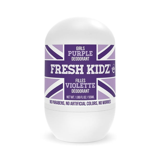 Desodorante roll-on Fresh Kidz para niños y adolescentes - Bicarbonato de sodio y protección las 24 horas sin aluminio para pieles sensibles - Niñas "Púrpura" 1.86 fl.oz.