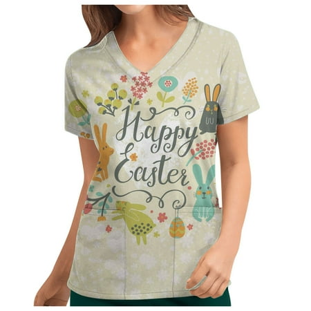 

JWZUY Women Rabbit Print Scrub Tops Short Sleeve Shirts Workwear Professionals Tshirts V Neck Tees Upstyle Tunic Workwear Professionals Tops Mint Green S
