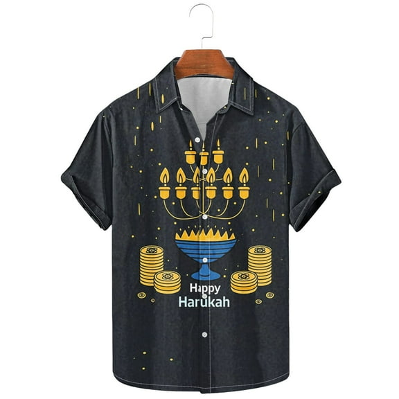 Bzhegqhd Men's Fashion Casual Hanukkah Printed Shirt Short Sleeve Button Up Short Sleeve Lapel Shirt