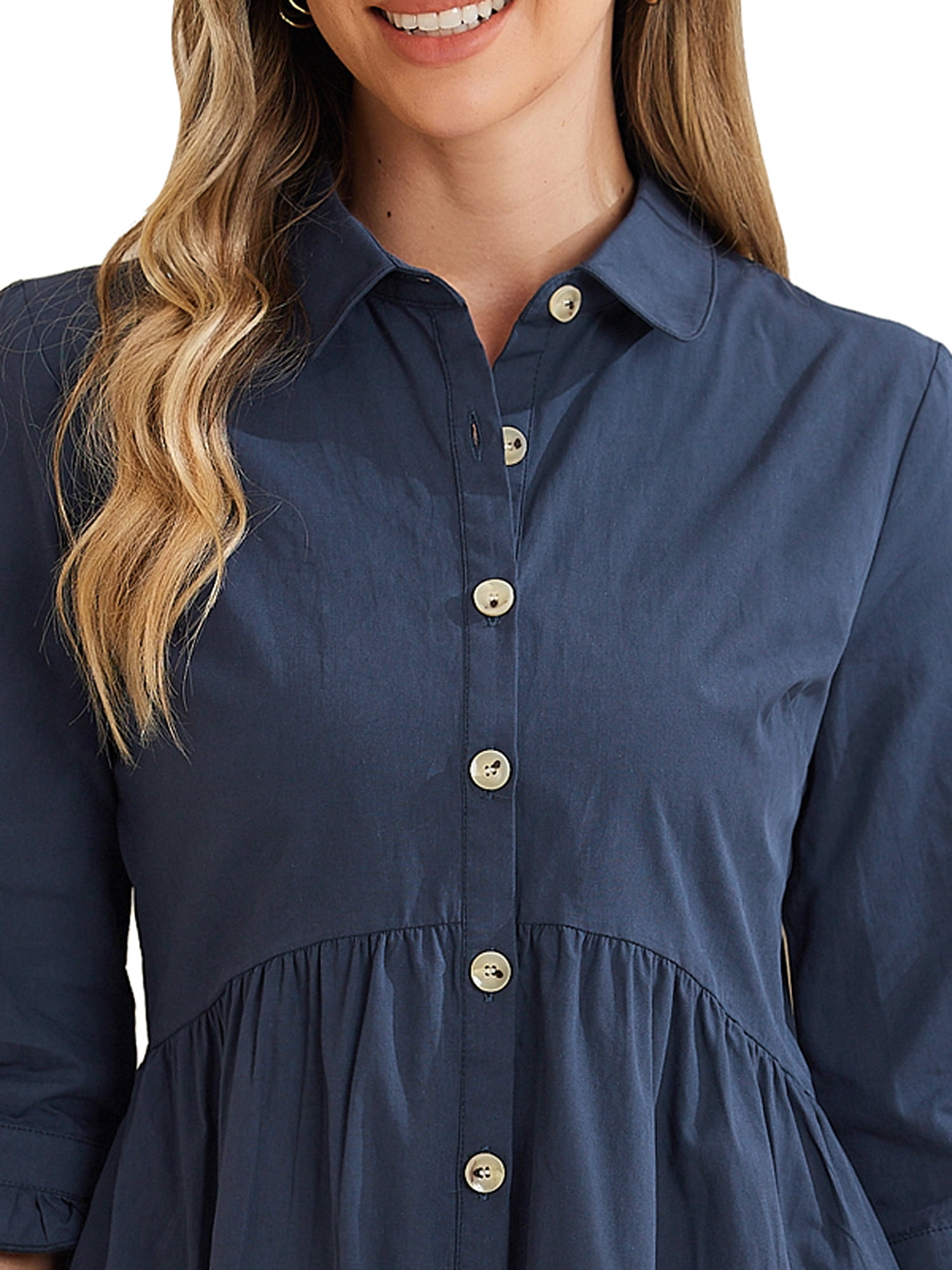 DARING DIVA Elegant Collar Flare 3/4 Sleeve Button Mini Shirt Dress M Navy Blue