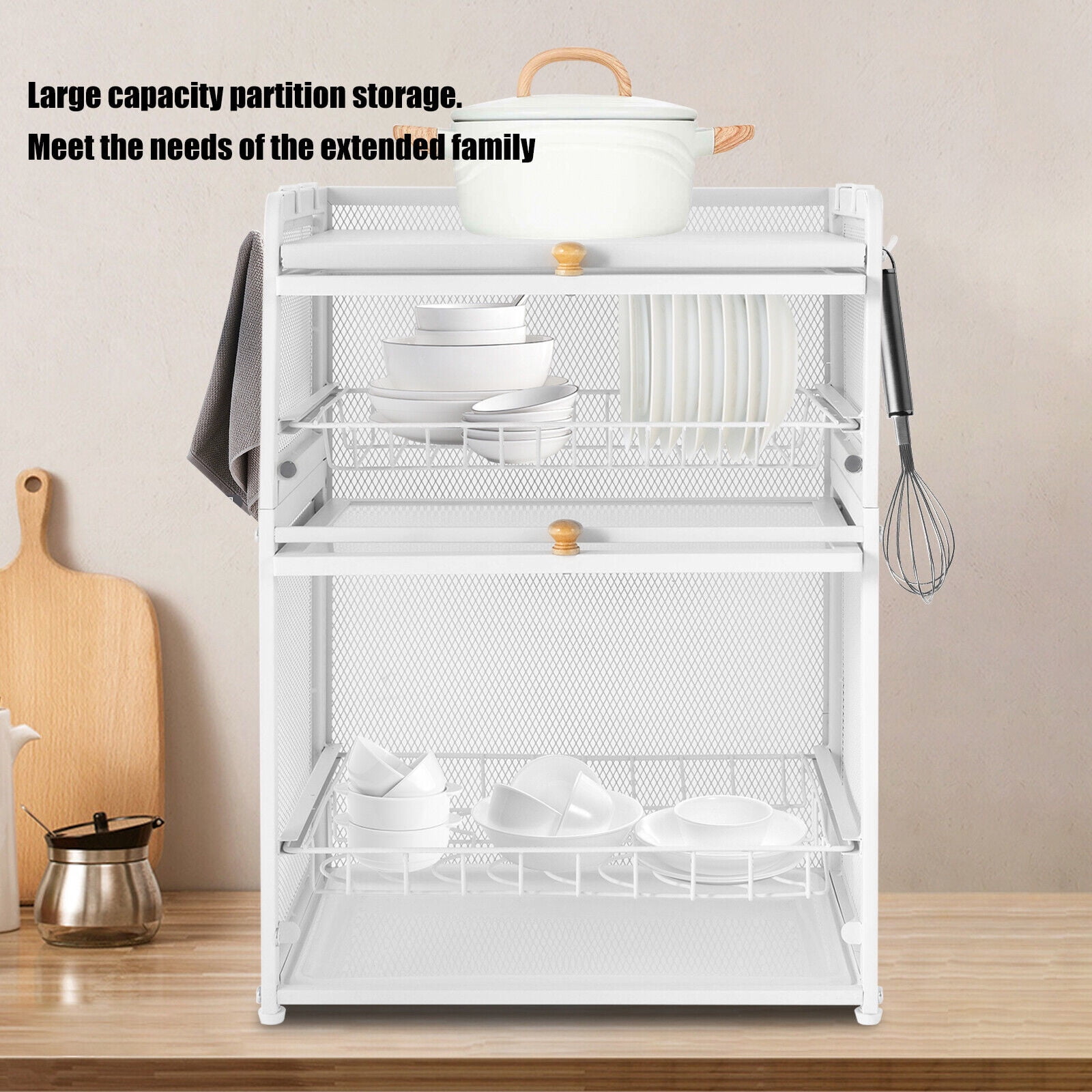 3 Tier Dish Drying Rack Dish Storage Cabinet with Door, Free-Standing Kitchen Plate Cup Dish Drying Rack Tray Shelf Storage Holder Organizer House Ware Dish Organizer for Home Kitchen (White)