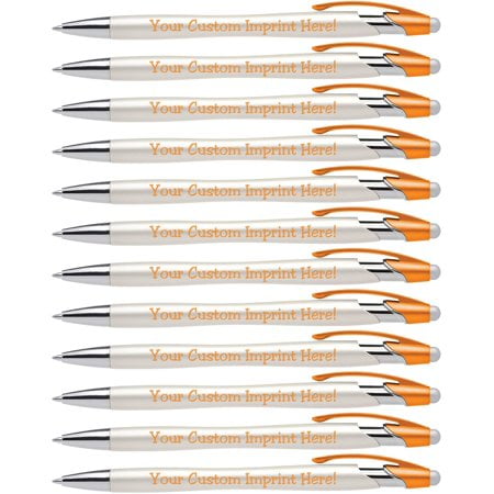 Custom Pens with Stylus - The Pearl - Personalized Metallic Printed Name Pens with Black Ink - Imprinted with Logo or Message - Great Gift Ideas - FREE PERSONALIZATION 12 pack (Orange)