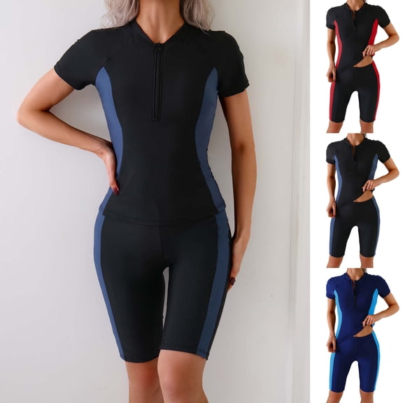 Miluxas Women 2 Piece Swimsuit Trendy Color Block Surfing Swimsuit Short Sleeve Half Zipper Mock Neck Swim Shirt Matching Shorts Sets Red