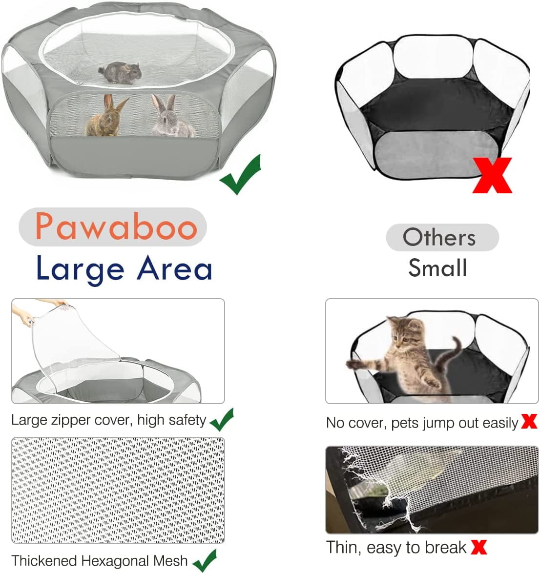 Pawaboo Small Animals Playpen, Breathable & Waterproof Small Pet Cage Tent with Zippered Cover, Portable Outdoor Yard Fence for Kitten/Puppy/Guinea Pig/Rabbits/Hamster/Chinchillas, Light Gray