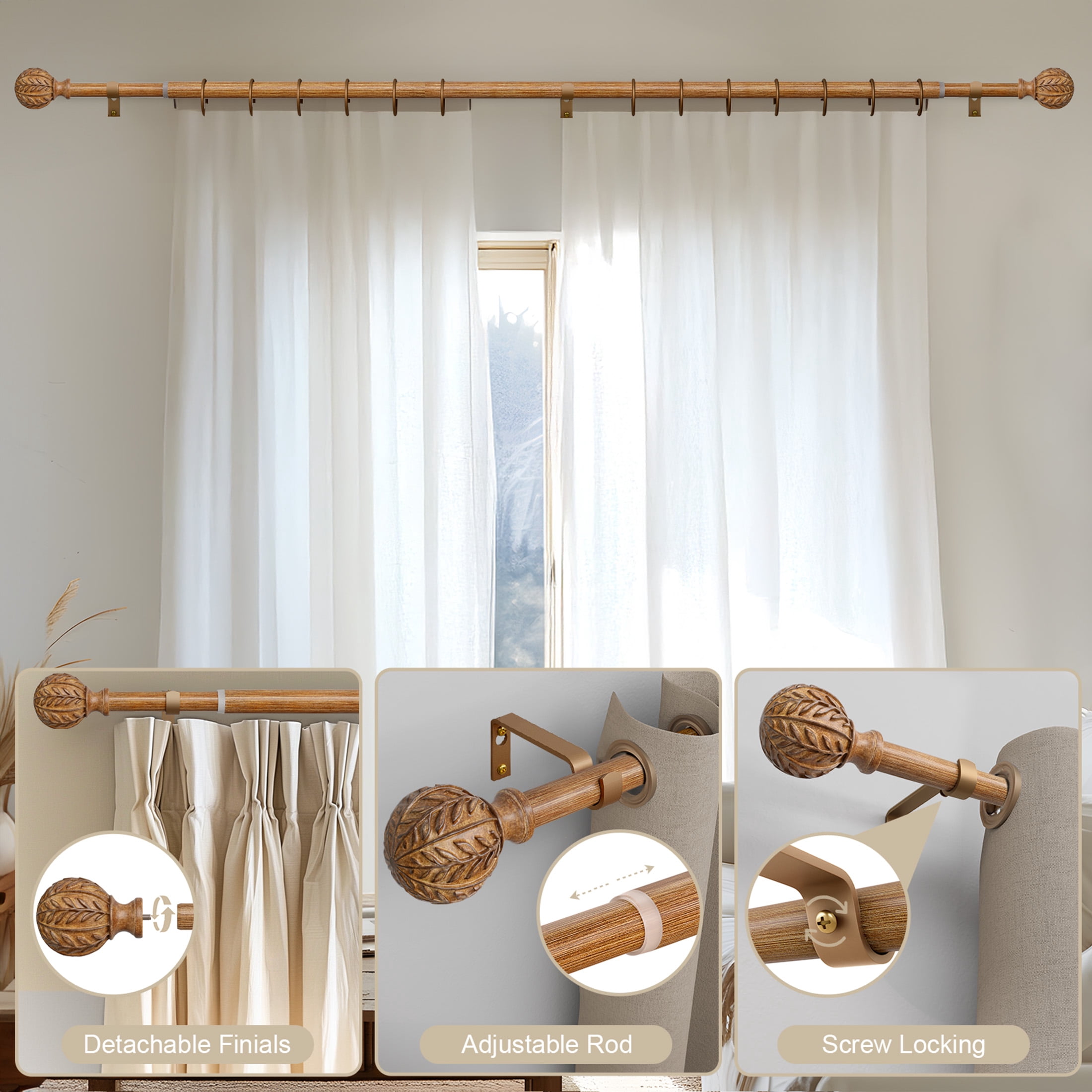 Yokila Traditional Brown Curtain Rods for Windows 36 to 150 Inches Adjustable Length Heavy Duty 1" Diameter Single Window Curtain Rod with Decorative Finials for Kitchen Living Room Bedroom