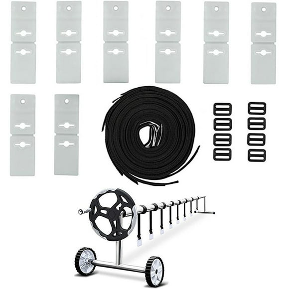 Pool Solar Cover Reel Fixing Kit, Solar Cover Reel Straps Universal In Ground Pool Solar Cover Strap Kit Includes Nylon Straps & Adhesive Tabs, Cord Plates, Buckles