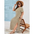 thumbnail image 2 of SHOWMALL Women's Plus Size Maxi Dress with Pockets, Valentine's Day Galentine's Self-Care Gift for Her, Cream Khaki Leopard 5X Side Slit Short Sleeve Long Dress, 2 of 7