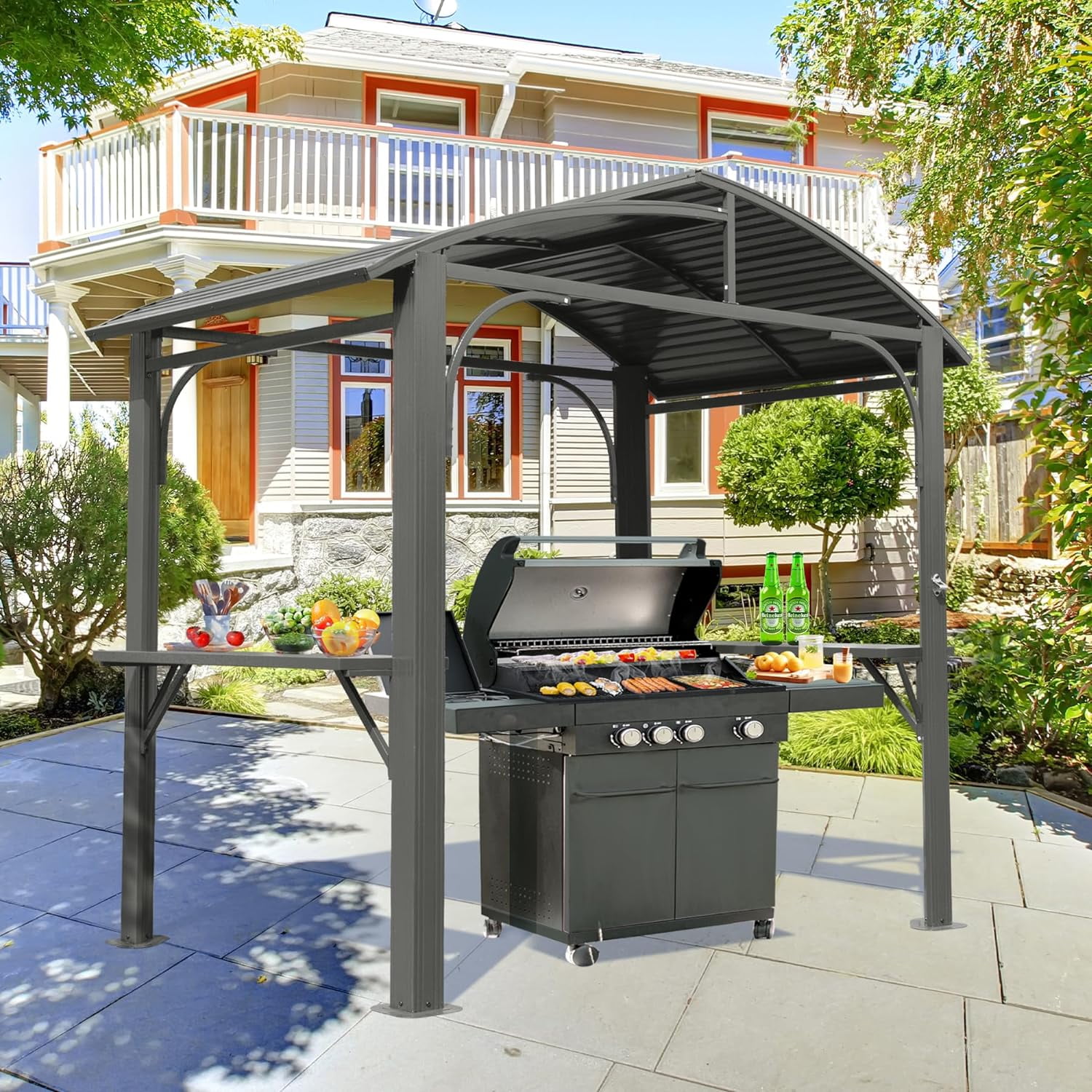 Domi Outdoor Living Hardtop Grill Gazebo 8x5FT, Grill Canopy for Outdoor Grill w/Double Galvanized Steel Roof and 2 Side Shelves, BBQ Gazebo Grill Tent for Patio Garden Backyard, Grey