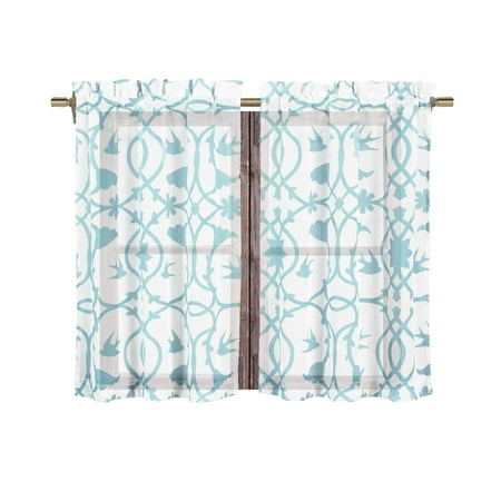 Bathroom and More Collection 2 Piece SHEER Window Curtain Tier Set White with Blue Bird, Flower & Vine Design: Tiers Size 24in Long