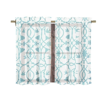 Bathroom and More Collection 2 Piece SHEER Window Curtain Tier Set White with Blue Bird, Flower & Vine Design: Tiers Size 24in