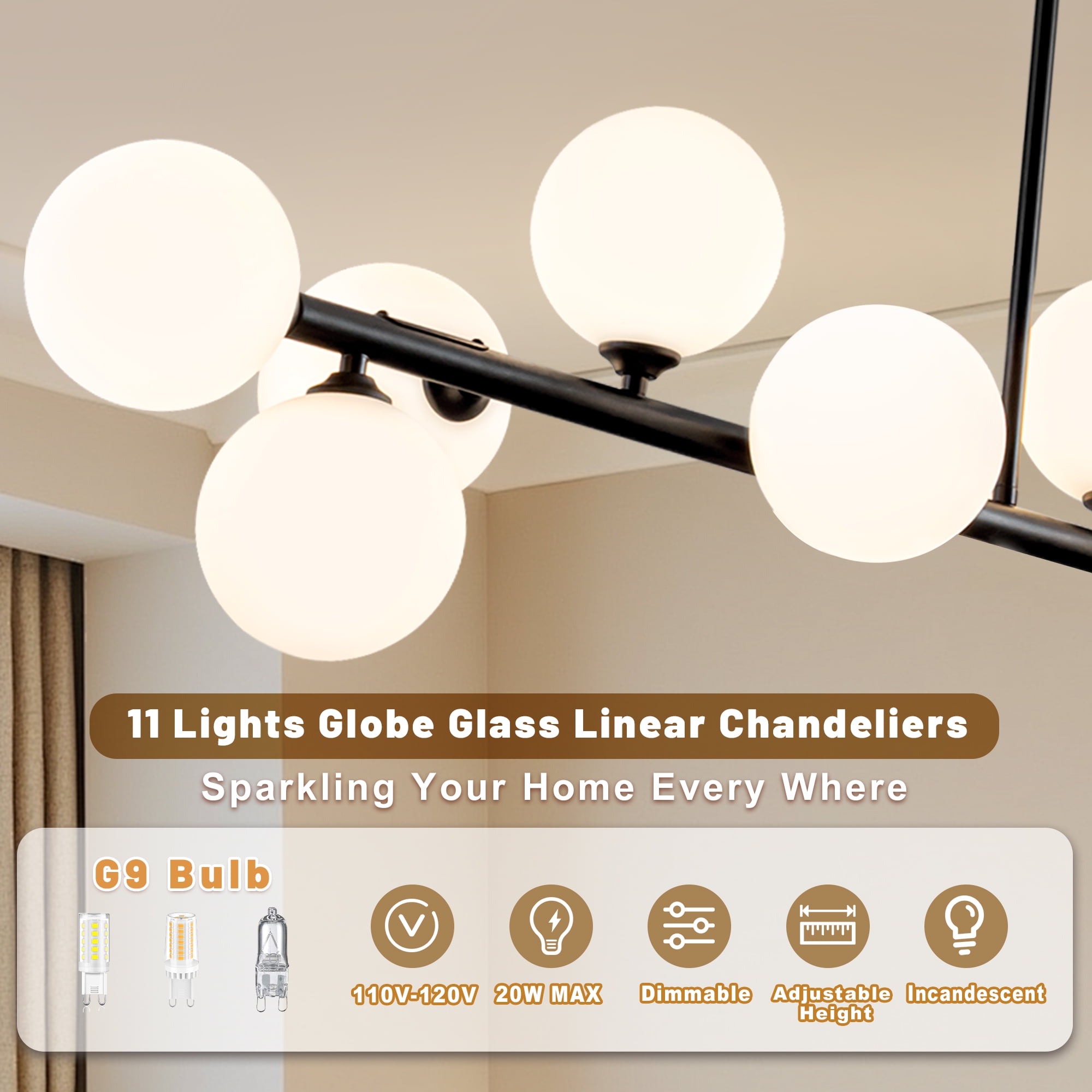 Uznhty Chandeliers for Dining Room Light Fixture with White Glass Globe,11-Lights Linear Chandelier 51 Inch Sputnik Chandelier for Kitchen Island Black Adjustable Hanging