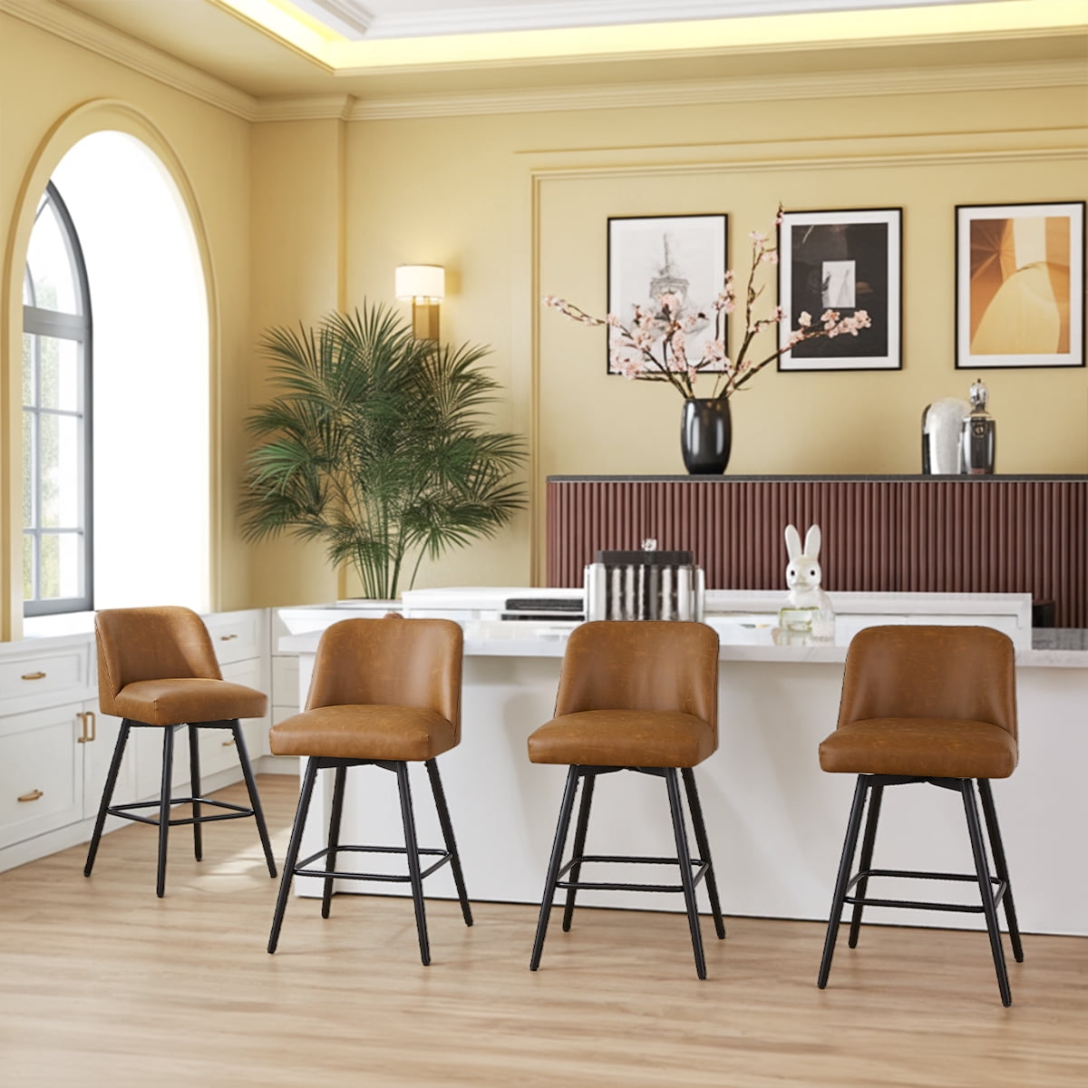 Modern Bar Stools Set of 4, 26" H Swivel Counter Height Barstools with High Backs, Kitchen Island Stools, For Bar & Home,Faux Leather, Brown