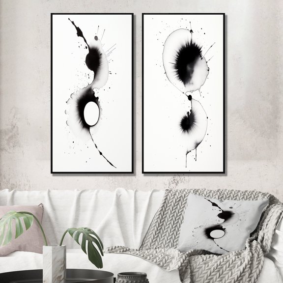 Designart "Monochromatic Harmony Subtle Ink Symphony VIII" Abstract Painting Framed Wall Art Set Of 2 - Modern Black Framed Canvas Set For Living Room Decor