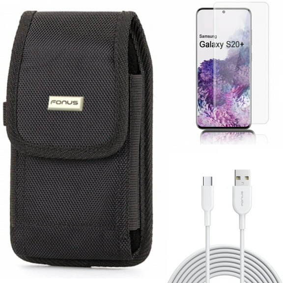Case Belt Clip w 6ft USB-C Cable w Screen Protector for Samsung Galaxy S20 Plus - Swivel Holster Rugged, Type-C Fast Charger Cord, Tempered Glass [Fingerprint Unlock] 3D Curved fits Galaxy S20 Plus