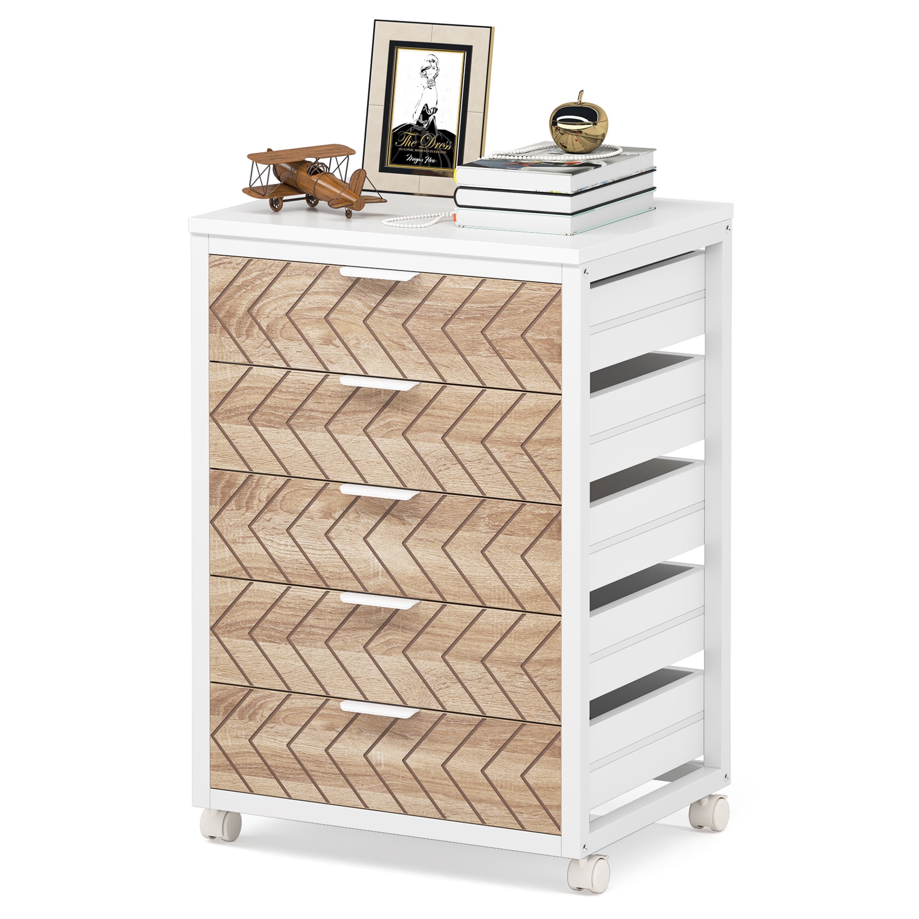 Tribesigns 5-Drawer Industrial Storage Organizer Wood Chest Dresser with Wheels, Beige & White
