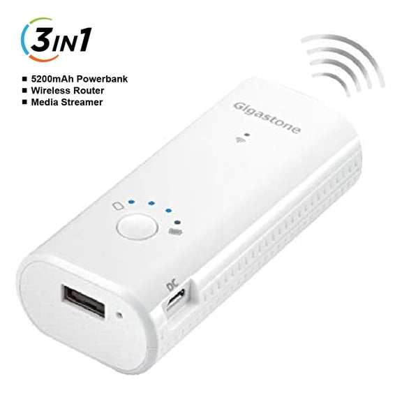 Gigastone 3-in-1 Power Bank 5200mAh, Tiny Design w/Wireless Access & Stream, WiFi 802.11 b/g/n to Ethernet, App for Media/File