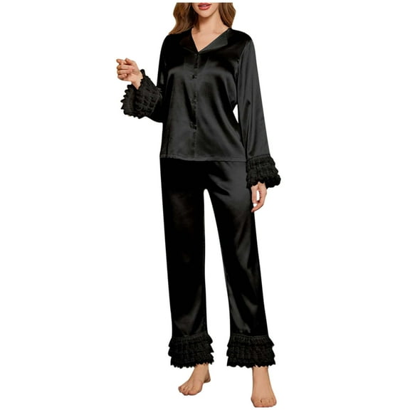 snilers Silk Pajamas for Women 2 Piece Lounge Set Fall Fashion Ruffle Long Sleeve Shirts and Pj Pants Matching Pjs Loungewear Set