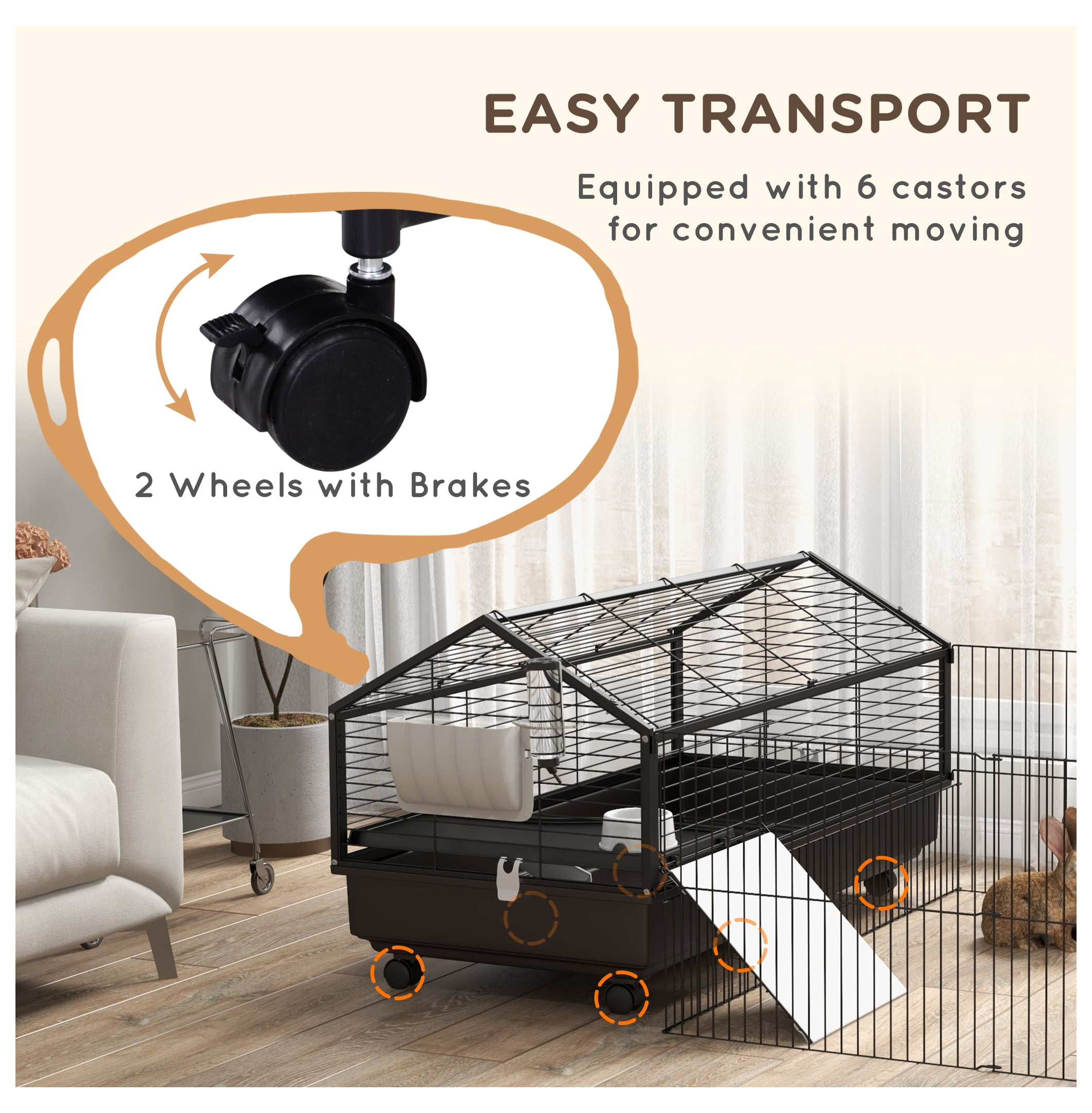 Small Animal Cage with Run, Rolling Bunny Cage, Guinea Pig Habitat, Hedgehog Cage - 46.5" - Includes Bottle, Bowl & Ramps