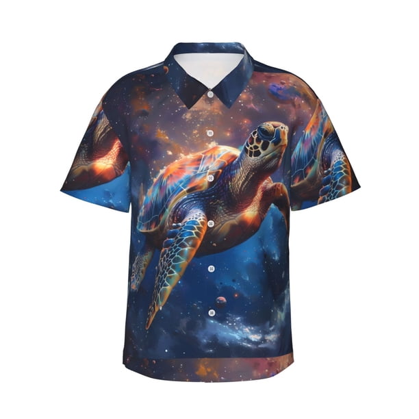 Balery Night Sky Turtle Camisas hawaianas de manga corta para hombre, camisas playeras de corte holgado, camisas de vacaciones con botones,X-Large