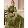 thumbnail image 3 of Womens Green Long Sleeve Pleated Ruched Waist Maxi Dress With Ruffle Hem, 3 of 6