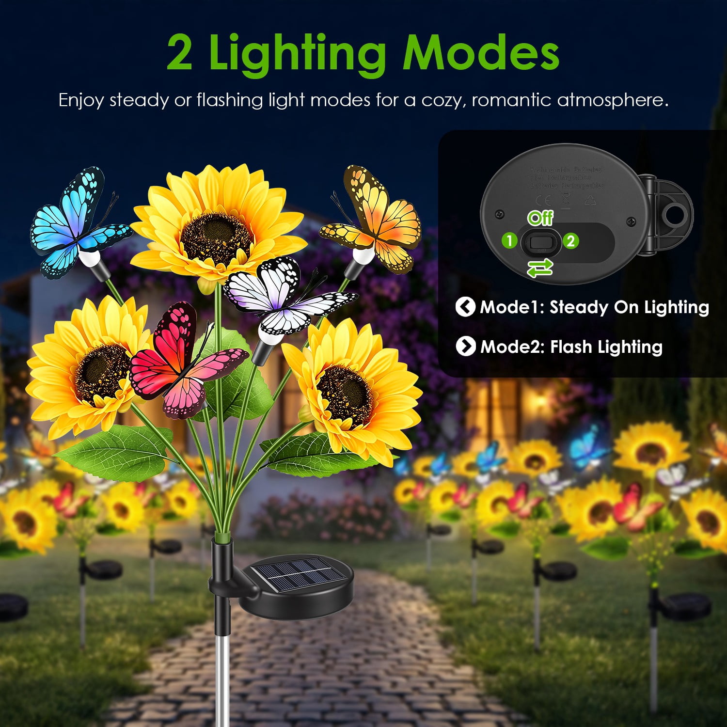 Astoutdoor Solar Sunflower Garden Stake Lights, 4-Pack, 3 Sunflower Heads and Butterfly Decor, Warm White LED, 2 Modes, IP44
