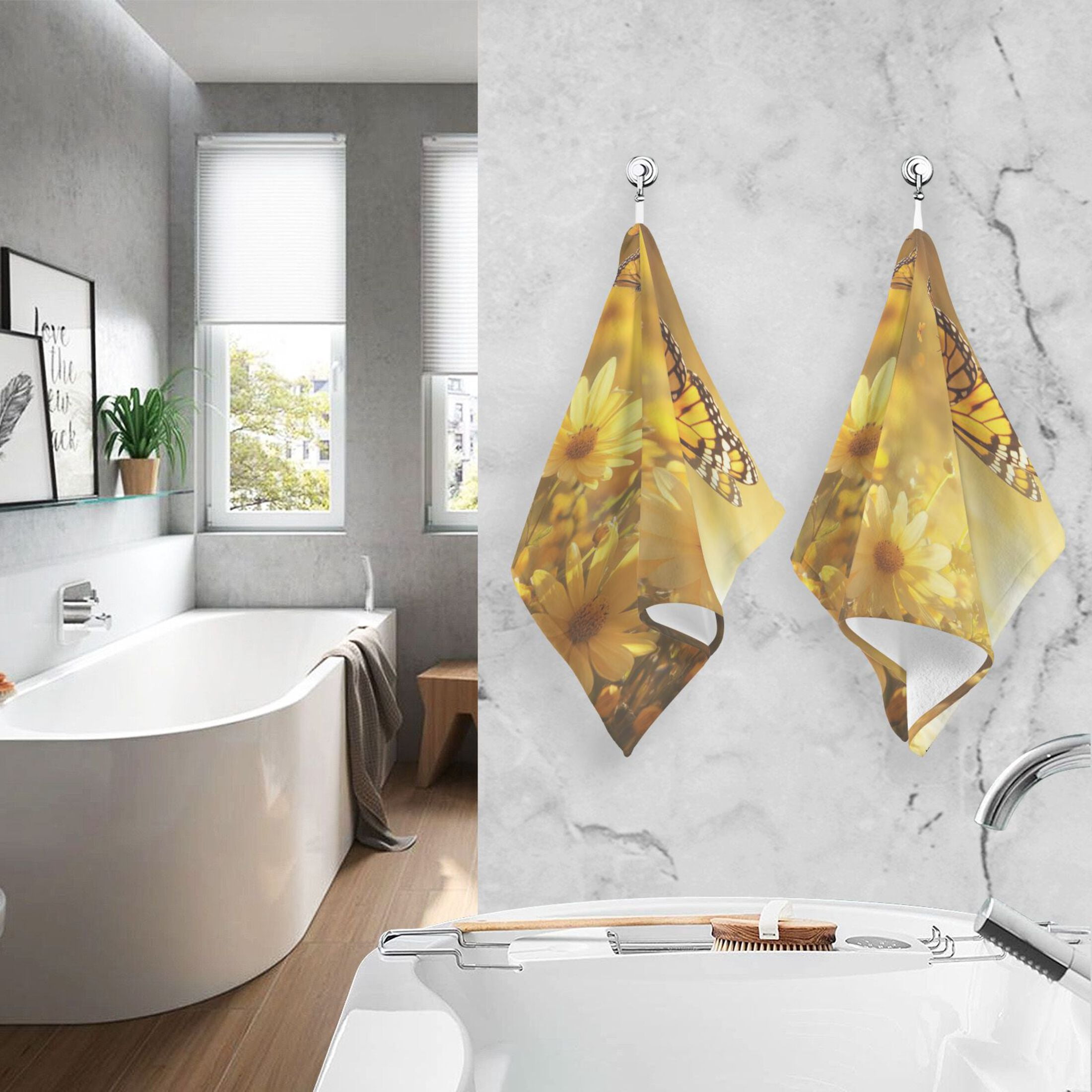 2 Pcs Absorbent Face Towel Bath Hand Towels Soft Breathable Cotton Towel Set for Bathroom Kitchen Hotel Spa Decor Yellow Flowers and Butterfly