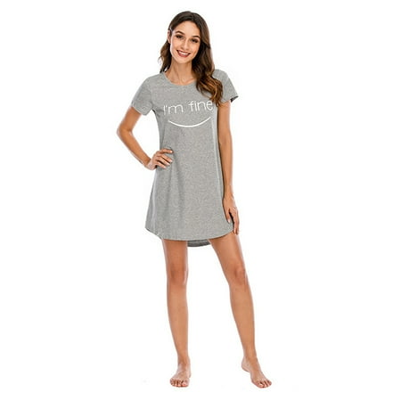 

Ladies Solid Color Cute Cotton Nightdress Casual Plus Size Cartoon Nightdress Sexy O-Neck Short Sleeve Homewear For Summer Gray XL