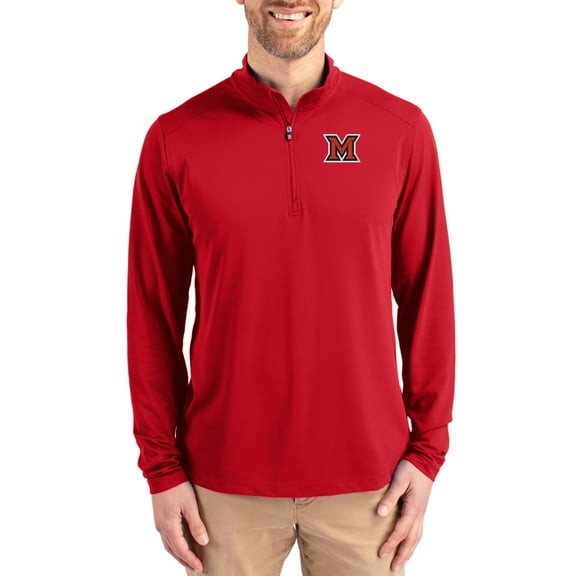 Men's-Cutter & Buck  Red Miami University RedHawks Virtue DryTec Quarter-Zip Pullover