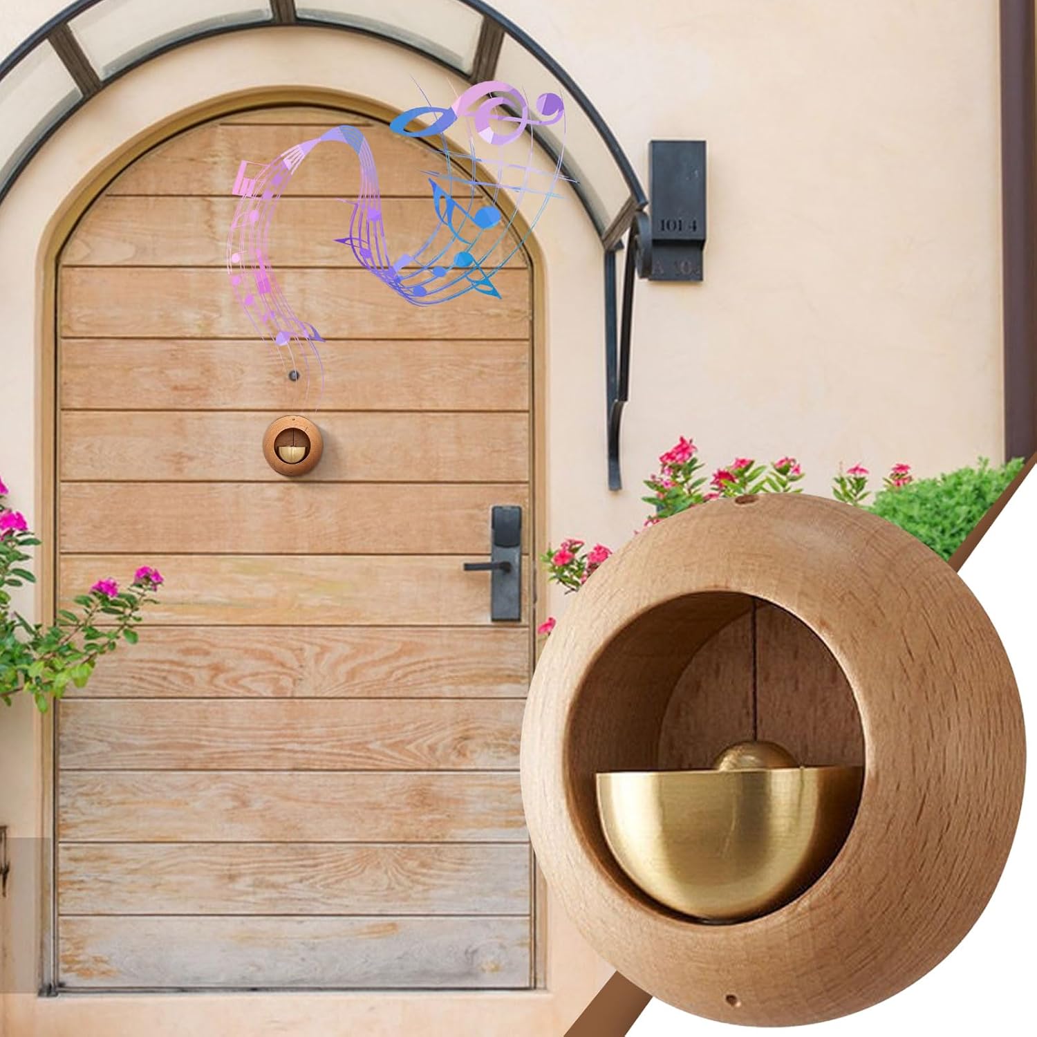 ABPETE shopkeepers bell,2PCS Self-Adhesive Wood Doorbell Chime Shopkeepers Bell with Brass Bell Attached for Door Wall Store Wardrobe Decor (Black Walnut & Golden Teak)