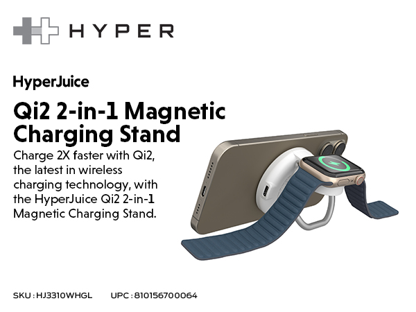 Hyper Qi2 2-in-1 Magnetic Charging Stand, White