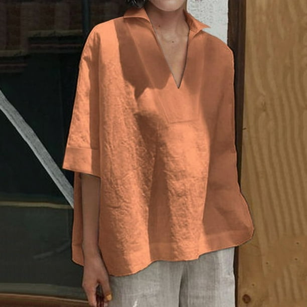 Camisas Fnochy para mujer, liquidación, blusas casuales de manga corta con cuello en V y sueltas, camisas de algodón para mujer.