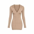 thumbnail image 4 of IUYRTFE Women's Solid Color V-Neck Long Sleeve Dress Slim Fit Stretch Casual Party Midi Dress, 4 of 5