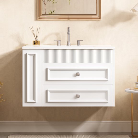 FFZ 30 Inch Wall Mounted Floating Bathroom Vanity with 2 Drawers and Ceramic Sink, White