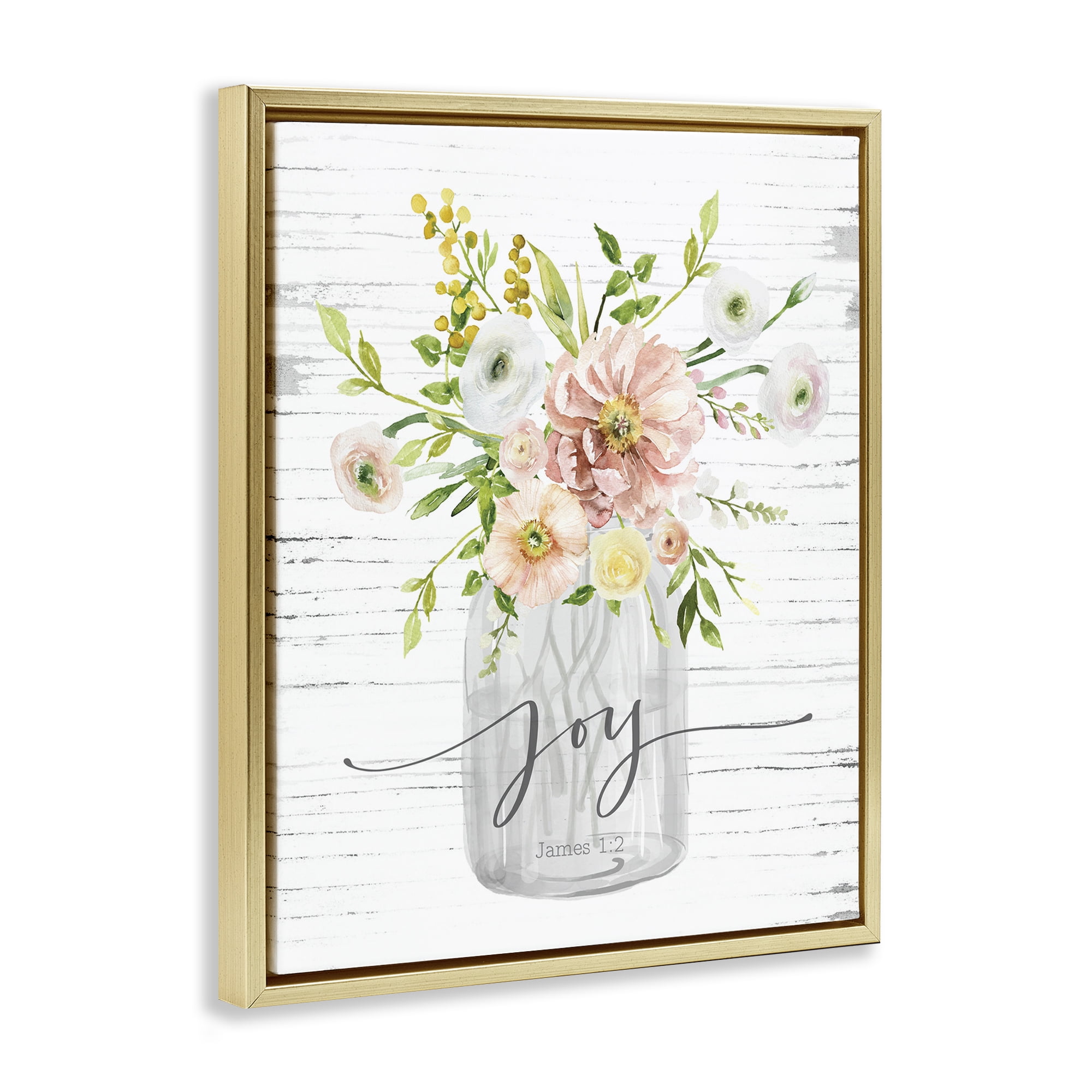 Stupell Industries Joy Mixed Bouquet Religious Painting Gold Floater Framed Canvas Art Print Wall Art, 25 x 31