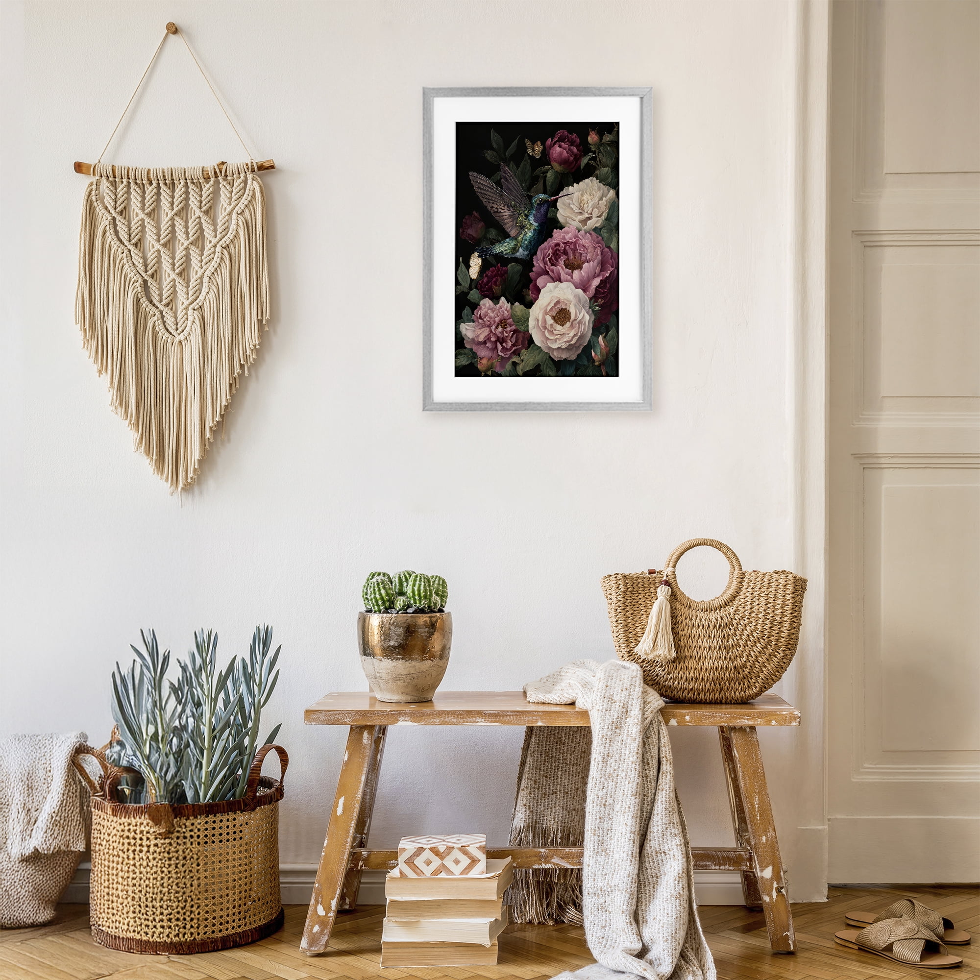 Stupell Industries Hummingbird & Lush Peonies Gray Framed Print Under Glass, design by The Wands Want