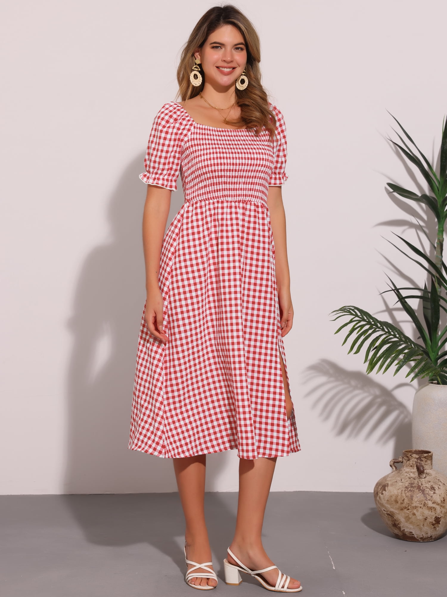 DARING DIVA Smocked Dress Puff Sleeve Square Neck Gingham Dresses M Red