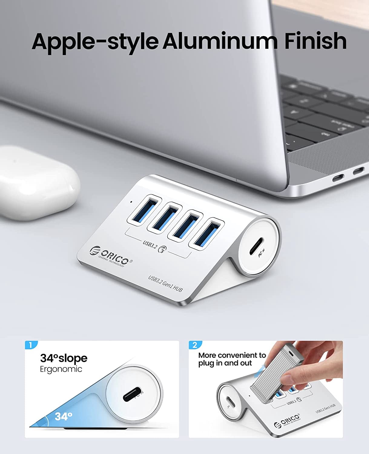 ORICO 5Gbps Aluminum USB Hub with 4 USB A Ports,USB 3.0 Hub with 1.64Ft USB-C USB-B Cable USB Multiport Adapter USB Extender USB Splitter for Laptop,Camera,Keyborad, Flash Drive