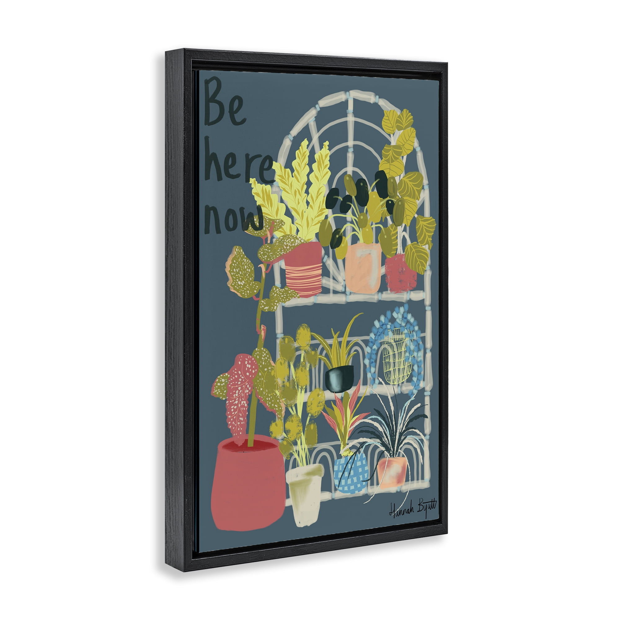 Stupell Industries Be Here Now Plant Shelf Plants & Flowers Painting Black Floater Framed Canvas Art Print Wall Art, 21 x 31