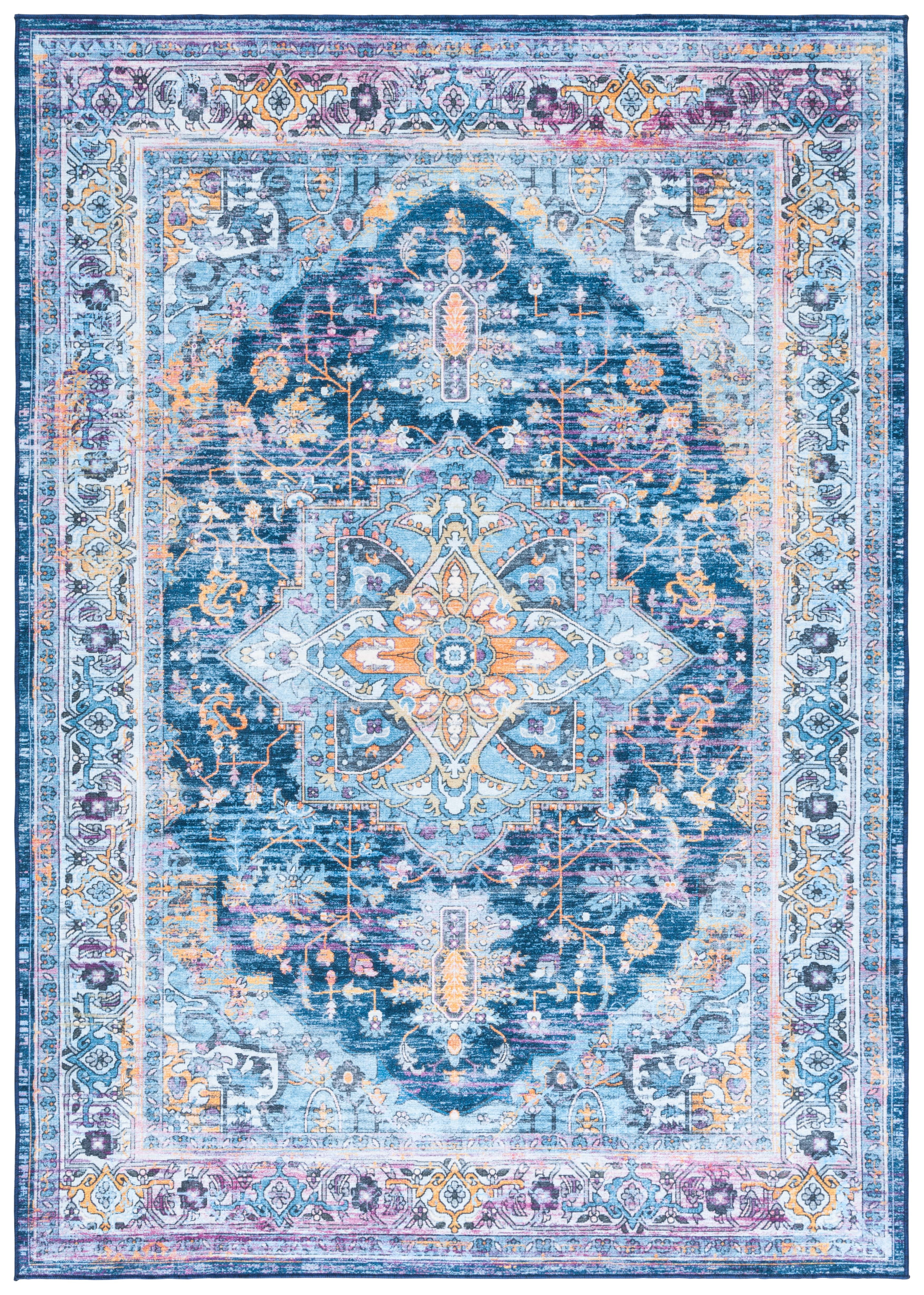 SAFAVIEH Orlando Charla Medallion Machine Washable Area Rug, Light Blue/Navy, 4'9" x 6'6"