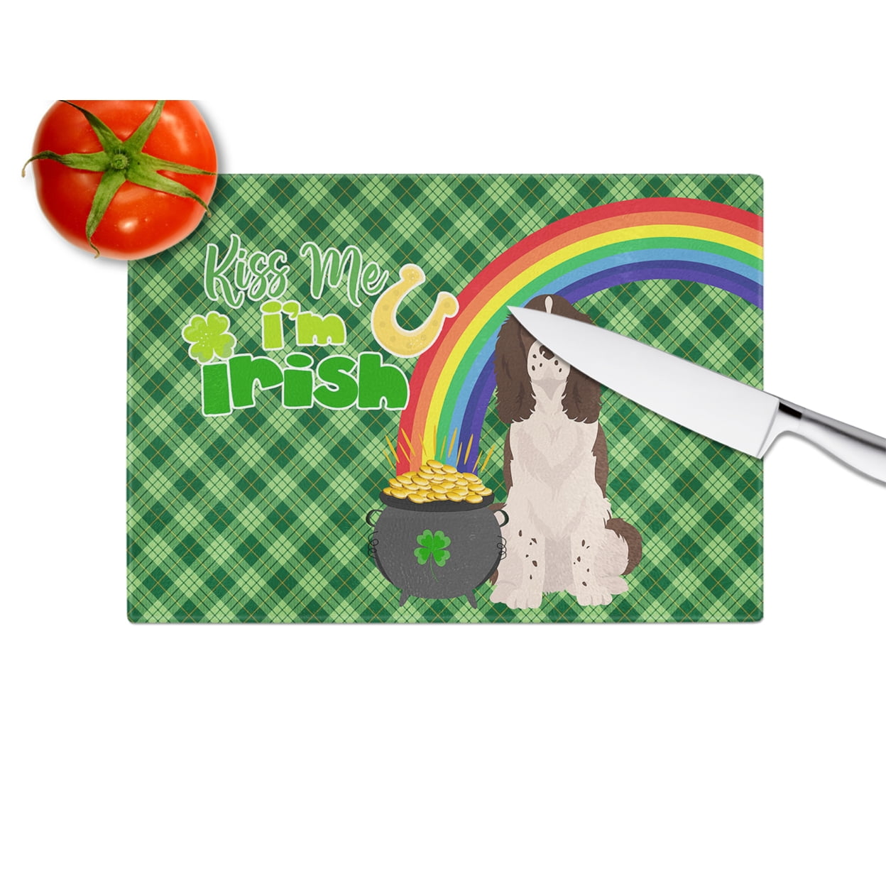 Liver English Springer Spaniel St. Patrick's Day Glass Cutting Board Large 12 in x 15 in