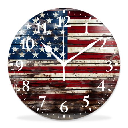 10 Inch Wall Clock Battery Operated Silent Clock Decorative for Office, Kitchen, Outdoor, Living RoomRetro Vintage Grunge American Flag Patriotic Usa Design Print Picture