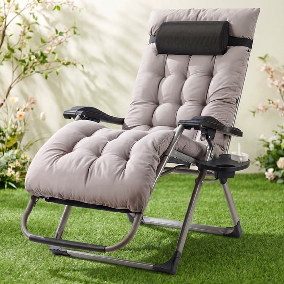 Naipo Zero Gravity Chair, Folding Adjustable Indoor Outdoor Foldable Padded Lounge Chair Reclining Lounge Chair with Removable Cushion Headrest and Cup Holder, 353lbs Gray