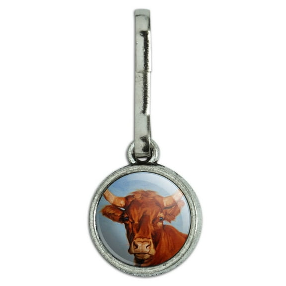 Brown Cow Cattle Horns Antiqued Charm Clothes Purse Suitcase Backpack Zipper Pull Aid