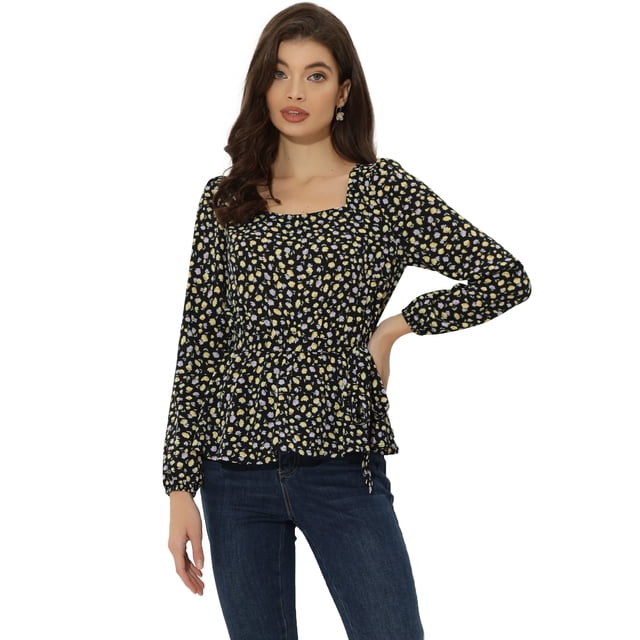 Blusa Floral De Manga Larga Con Cuello Cuadrado Y Peplum Para Mujer Con Cinturón Negro flores XS Allegra K