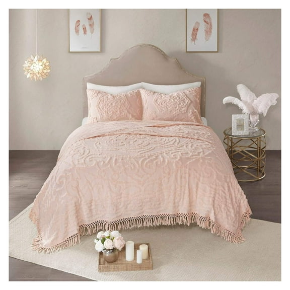 Exlonjet Blush Chenille Coverlet Full Queen Set Tufted Bedding with Fringes Medallion Chenile Cotton Farmhouse Pretty Shabby Chic Country Charm, 3 Piece