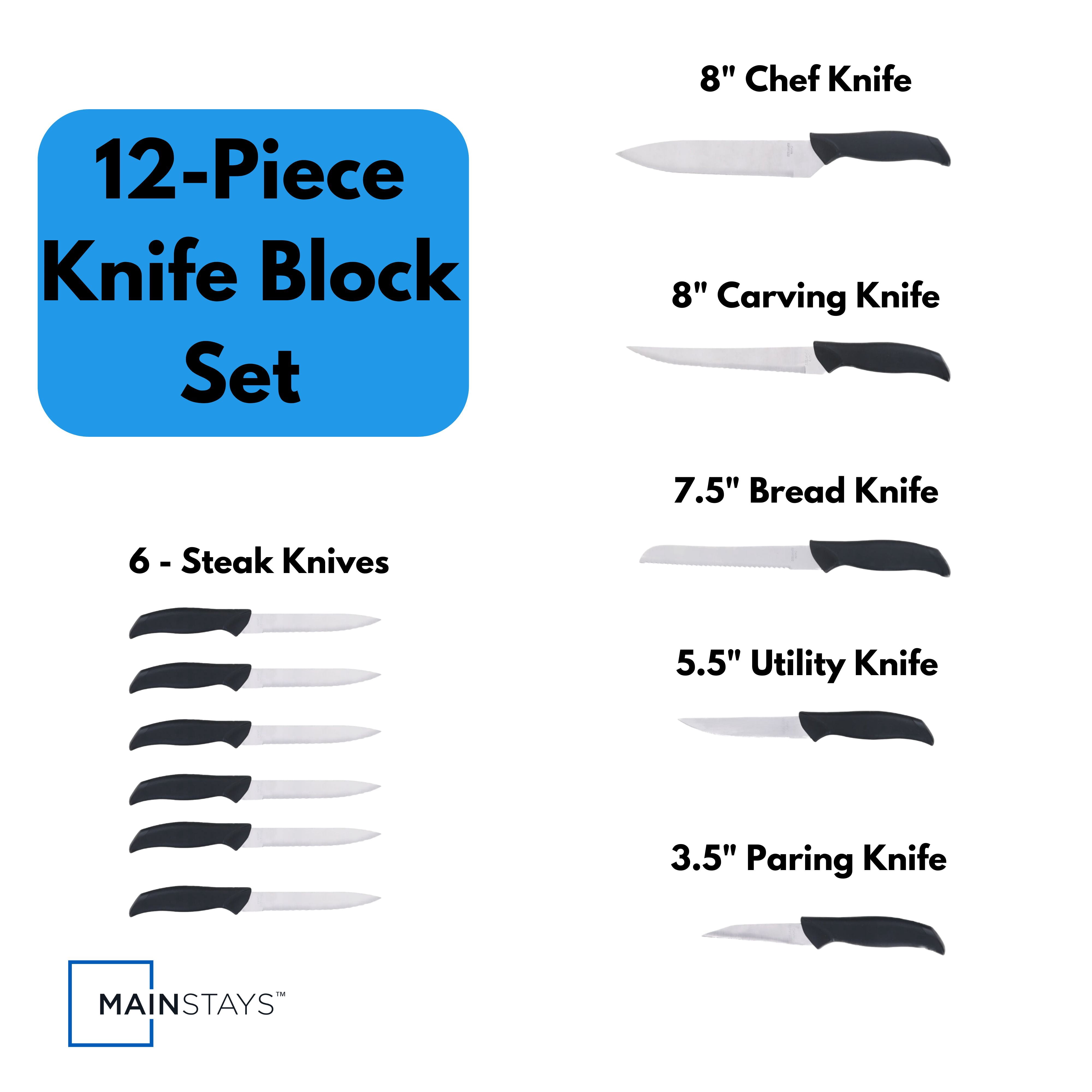 Mainstays 12 Piece Cutlery Set with Soft Grip Handles and Wood Storage Block