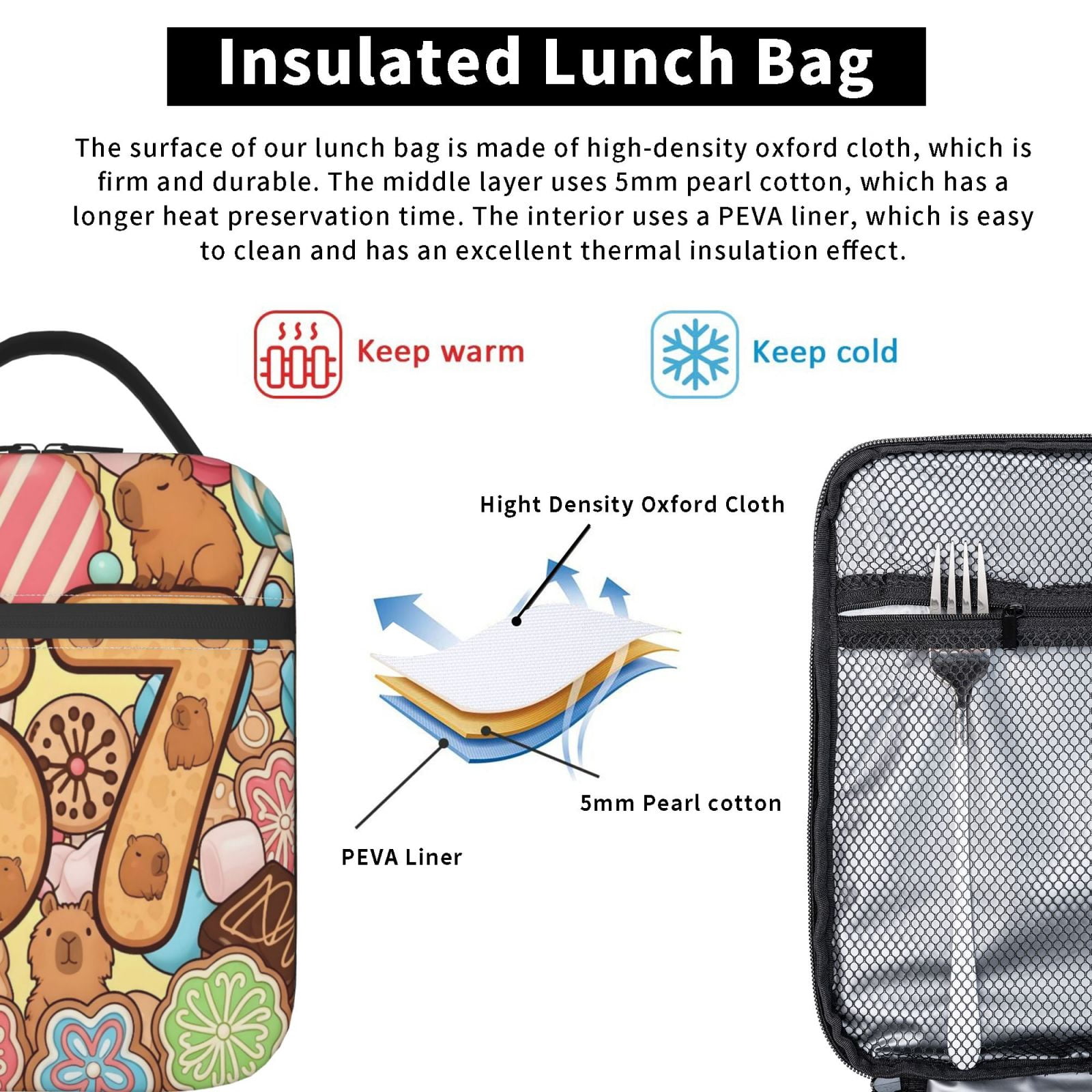 Lunch Bag For Women Men Insulated Portable Lunch Box Bento Box Office Picnic Travel Cooler Bag Capybara 67 Kawaii Design (4)