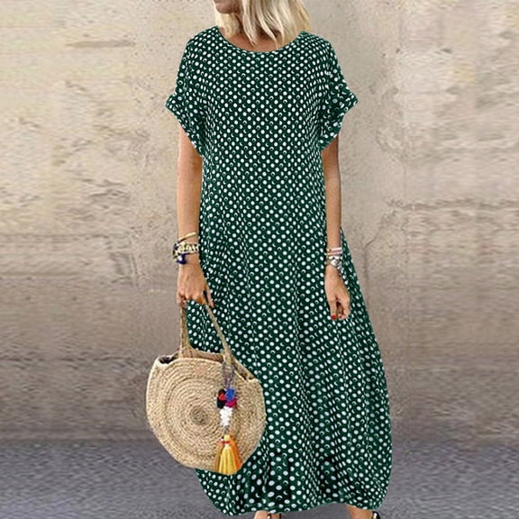 Womens Dresses Casual Plus Size Women Pockets O-Neck Polka Dot Printing Short Sleeve Long Dress clothes under $10.00