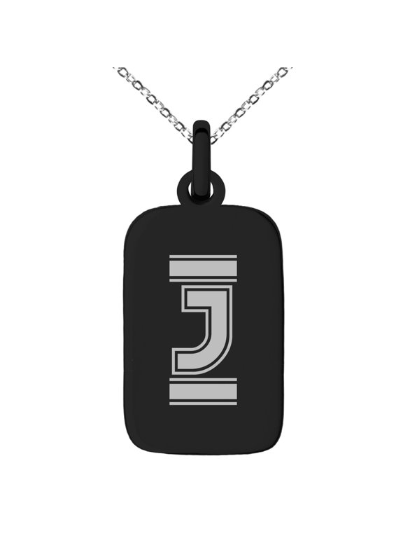 Stainless Steel Letter J Initial Empire Monogram Engraved Small Rectangle Dog Tag Charm Pendant Necklace